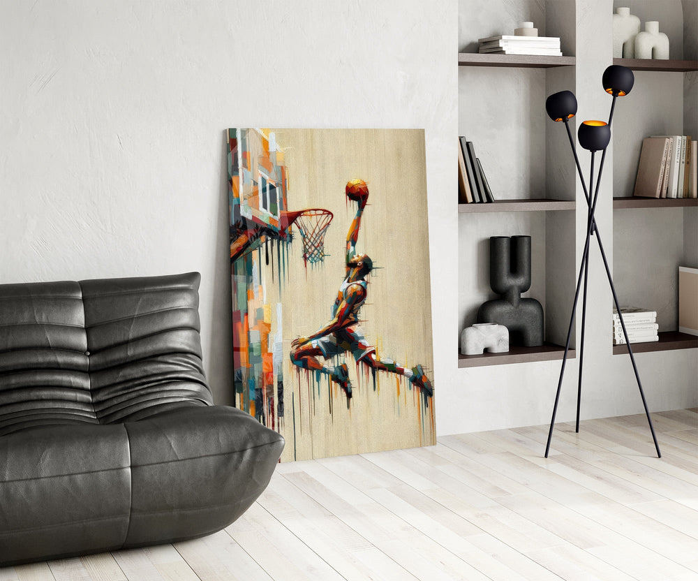 Basketball Dunk Dripping Palette Glass Wall Art