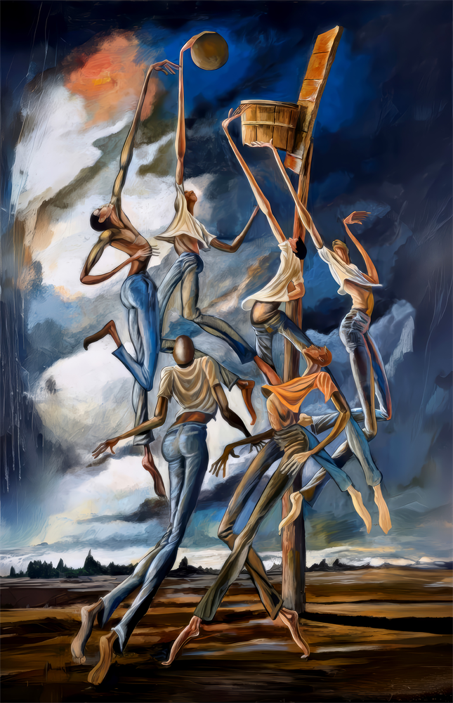 Stilt Figures Under Storm Sky Surreal Glass Wall Art