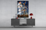 Stilt Figures Under Storm Sky Surreal Glass Wall Art