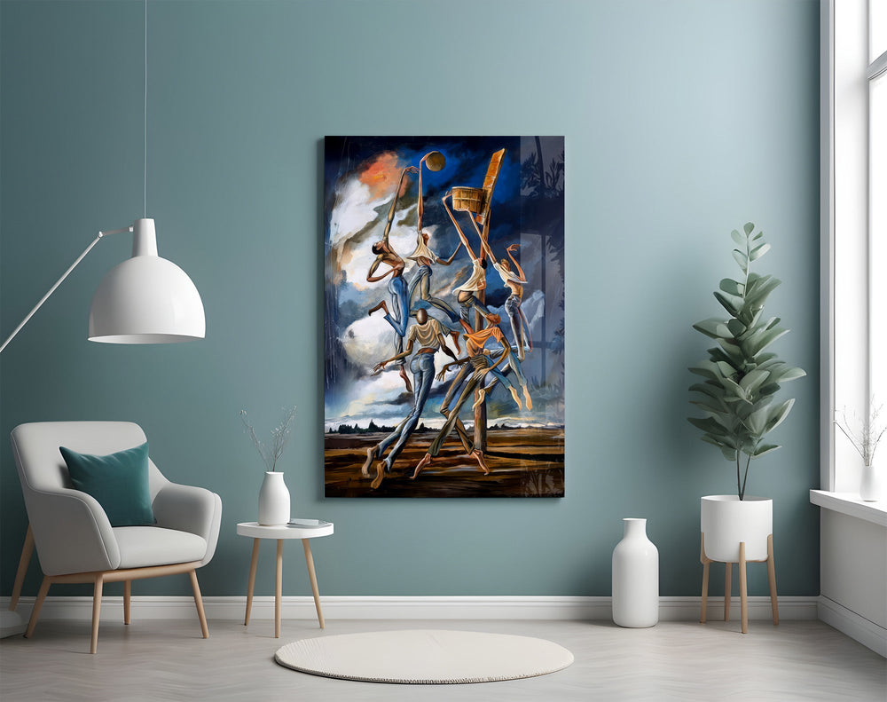 Stilt Figures Under Storm Sky Surreal Glass Wall Art