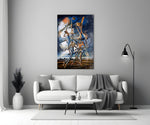 Stilt Figures Under Storm Sky Surreal Glass Wall Art