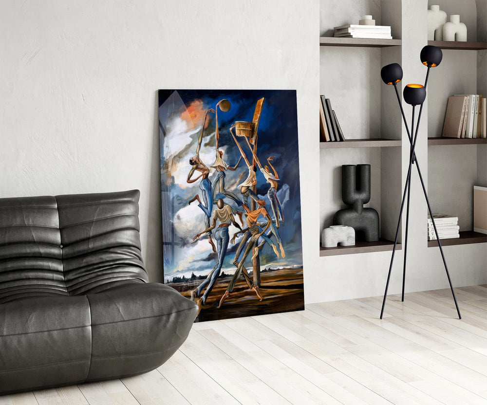 Stilt Figures Under Storm Sky Surreal Glass Wall Art