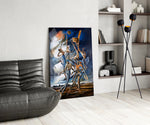 Stilt Figures Under Storm Sky Surreal Glass Wall Art