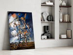 Stilt Figures Under Storm Sky Surreal Glass Wall Art