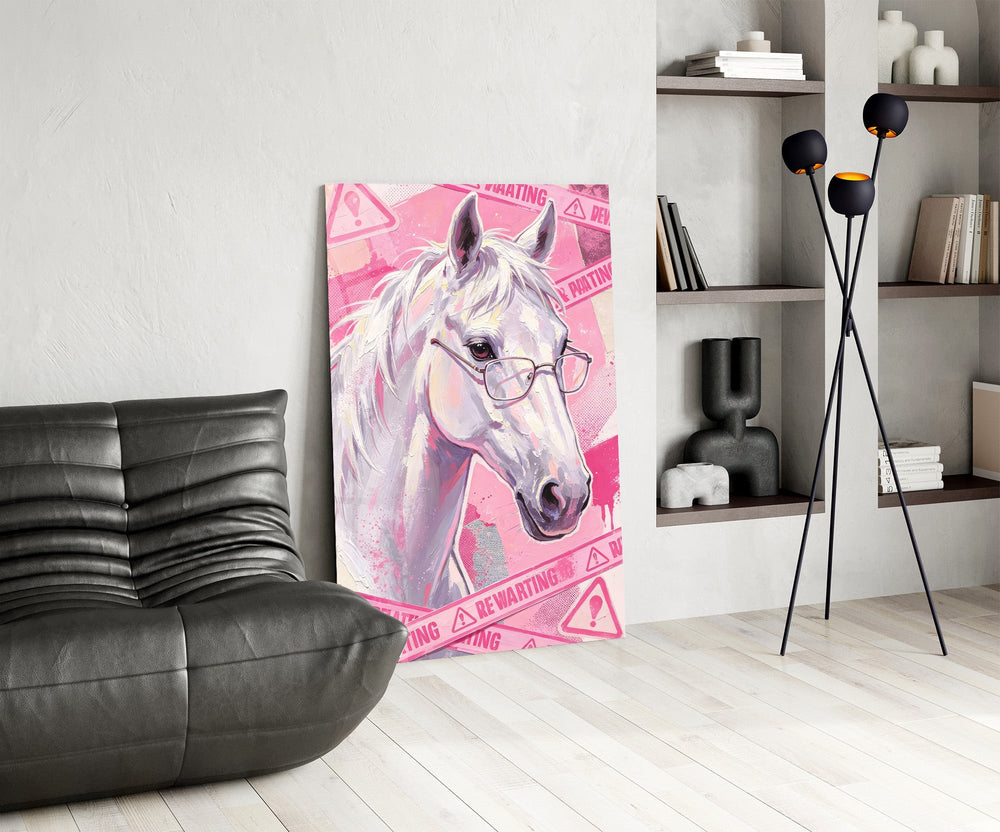 Pink Horse in Glasses Pop Art Glass Wall Art