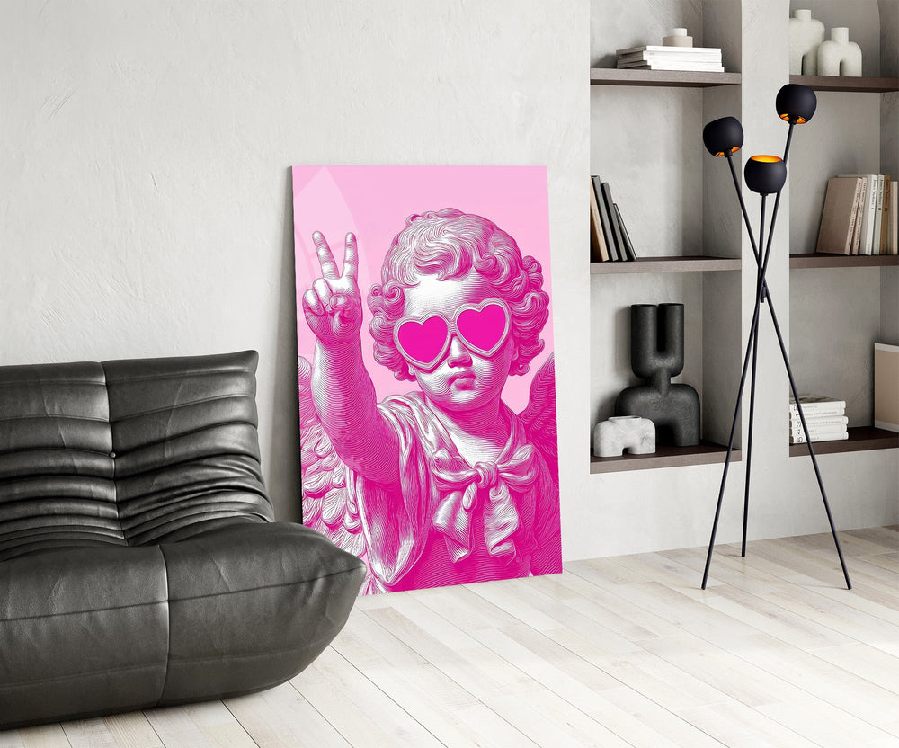 Cherub in Heart Sunglasses Pink Pop Art Glass Wall Art