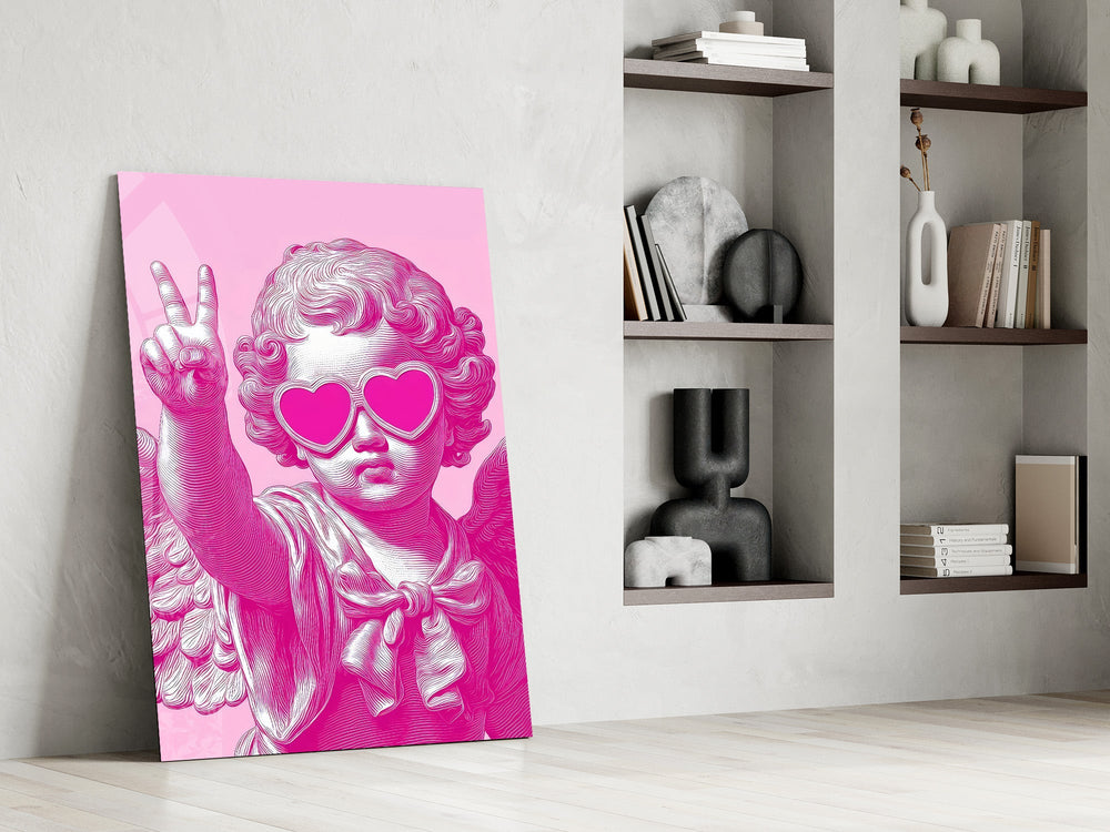 Cherub in Heart Sunglasses Pink Pop Art Glass Wall Art
