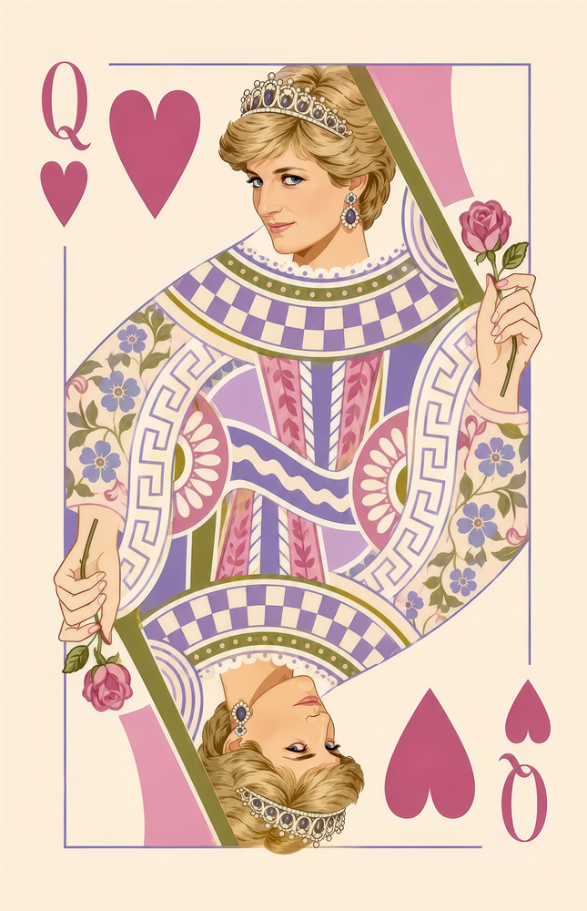 Queen of Hearts Royal Card Illustration Glass Wall Art