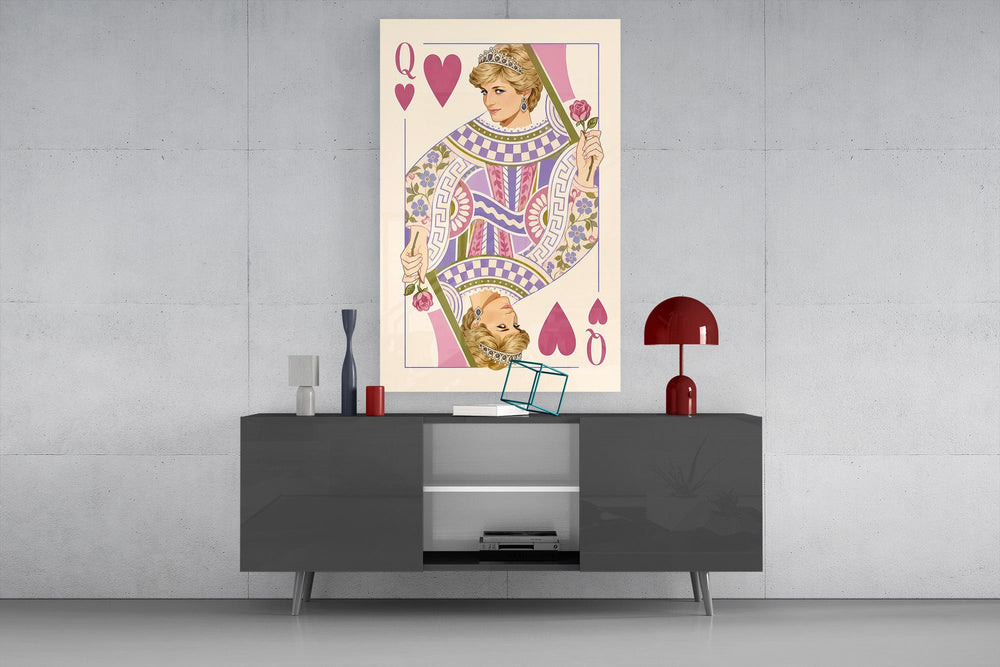 Queen of Hearts Royal Card Illustration Glass Wall Art
