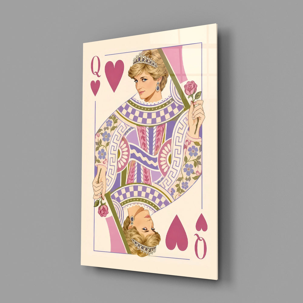 Queen of Hearts Royal Card Illustration Glass Wall Art