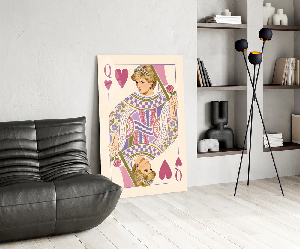 Queen of Hearts Royal Card Illustration Glass Wall Art