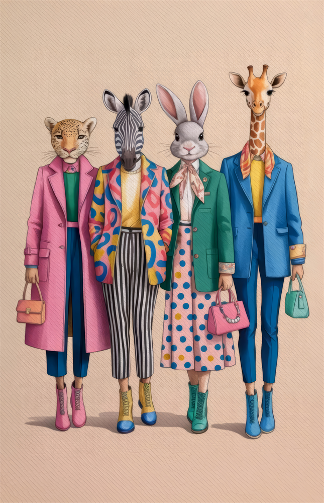 Animal Heads in Fashion Illustration Glass Wall Art
