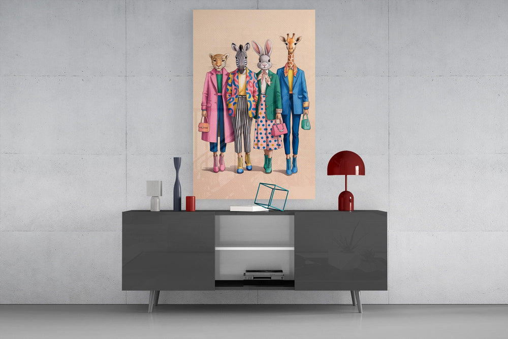 Animal Heads in Fashion Illustration Glass Wall Art