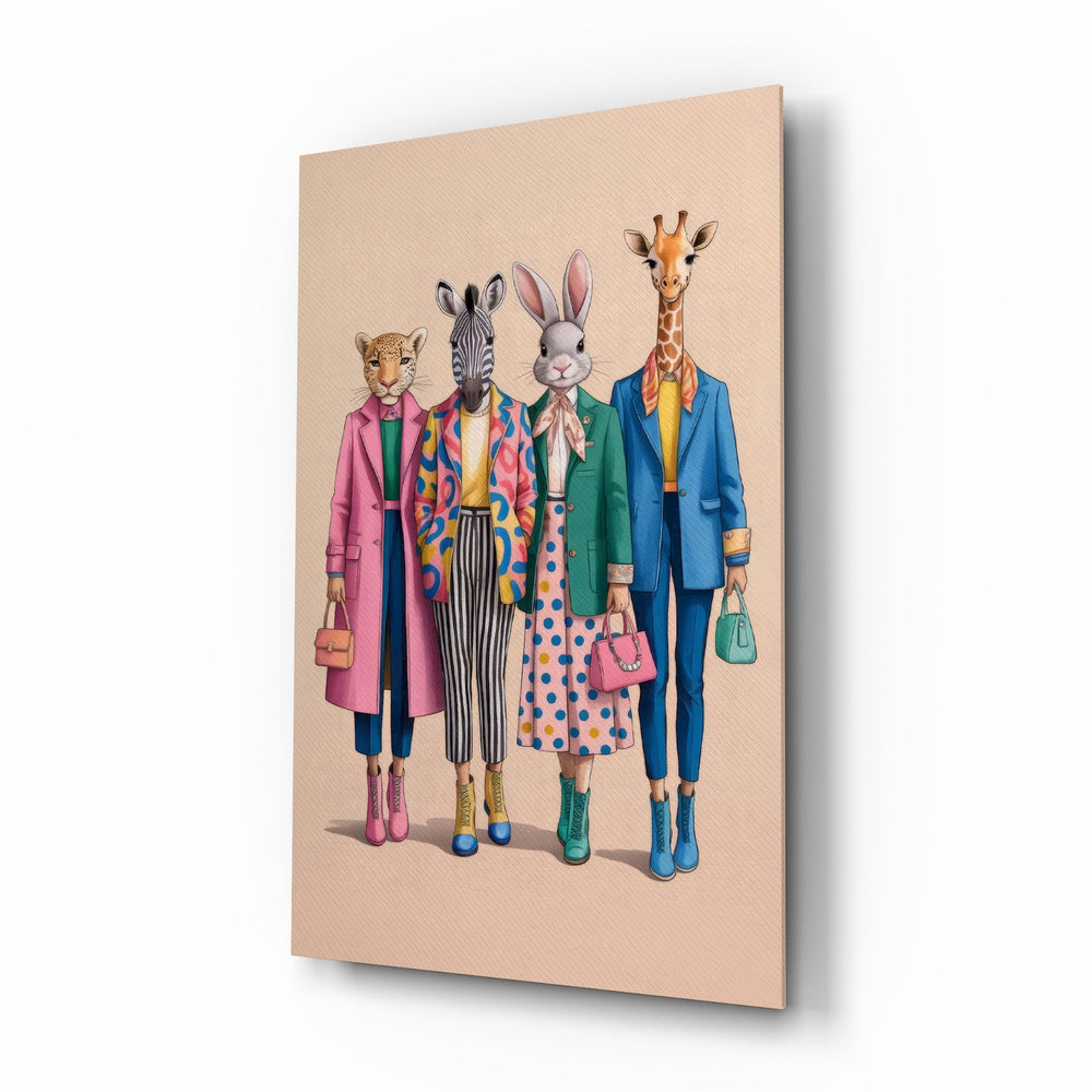 Animal Heads in Fashion Illustration Glass Wall Art