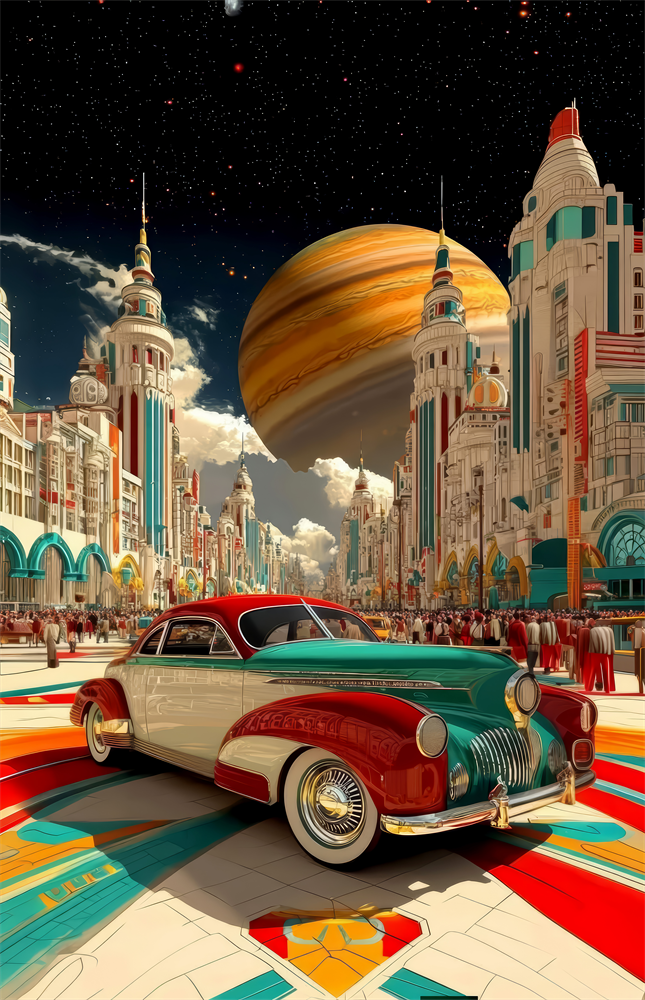 Retro Future City and Classic Car Glass Wall Art
