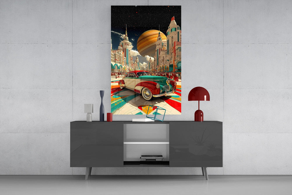 Retro Future City and Classic Car Glass Wall Art