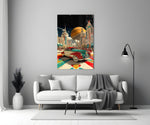 Retro Future City and Classic Car Glass Wall Art