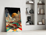 Retro Future City and Classic Car Glass Wall Art