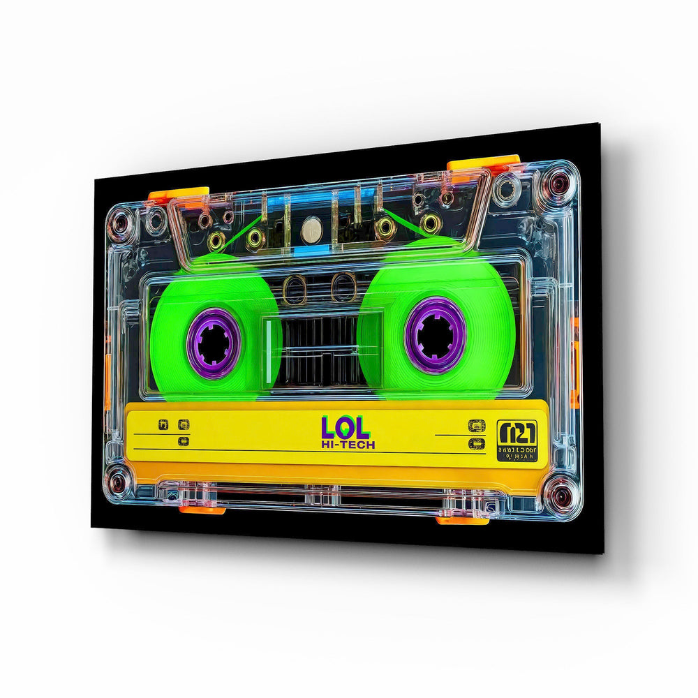 Neon Green Cassette Tape Macro Glass Wall Art