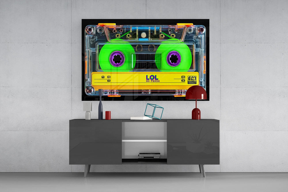 Neon Green Cassette Tape Macro Glass Wall Art