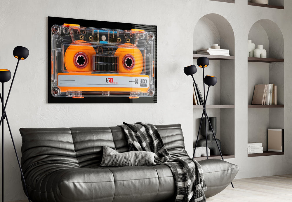 Orange Cassette Tape Macro Glass Wall Art