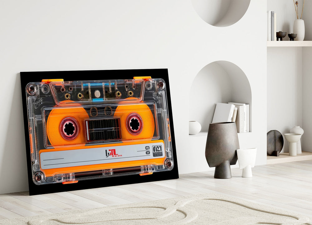 Orange Cassette Tape Macro Glass Wall Art