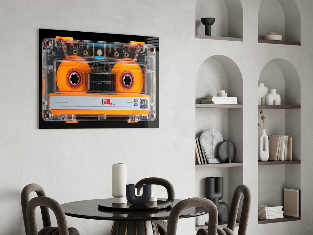Orange Cassette Tape Macro Glass Wall Art