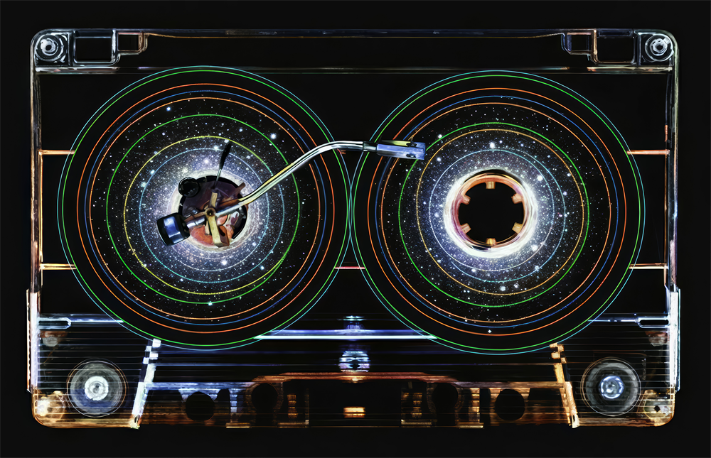 Cosmic Cassette Neon Rings Glass Wall Art