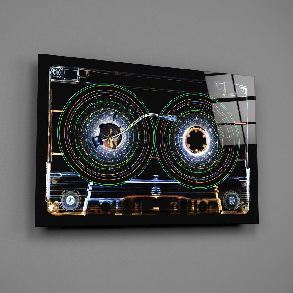 Cosmic Cassette Neon Rings Glass Wall Art