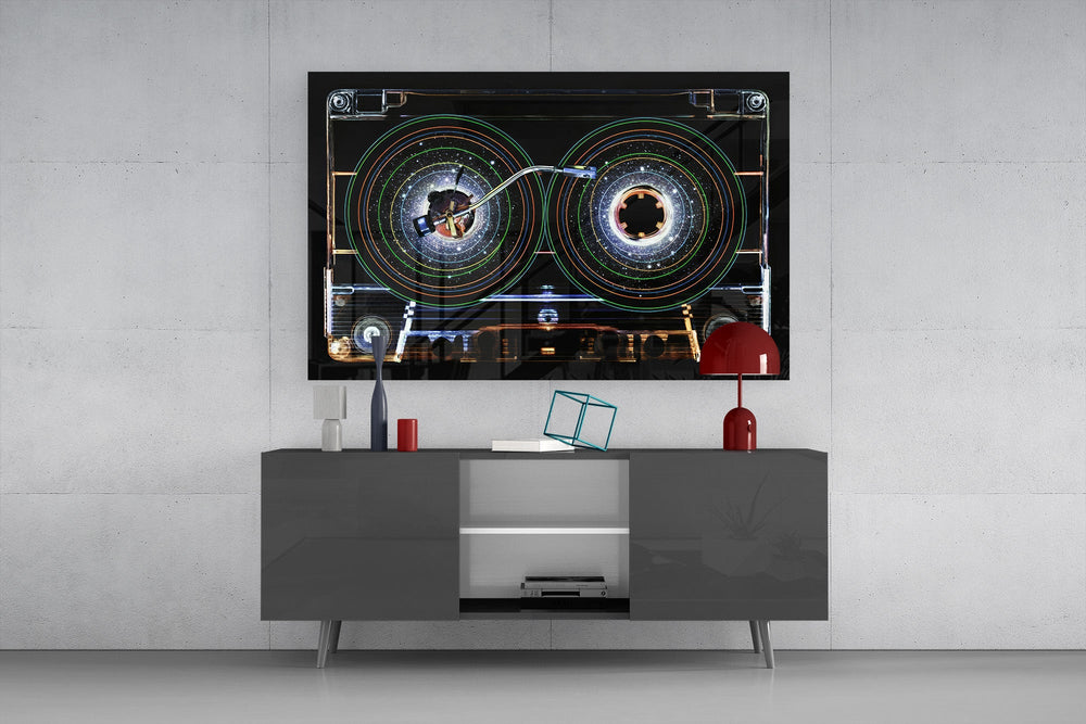 Cosmic Cassette Neon Rings Glass Wall Art