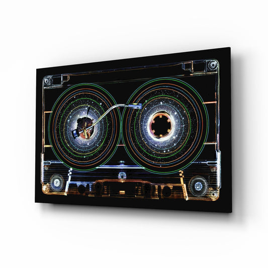 Cosmic Cassette Neon Rings Glass Wall Art