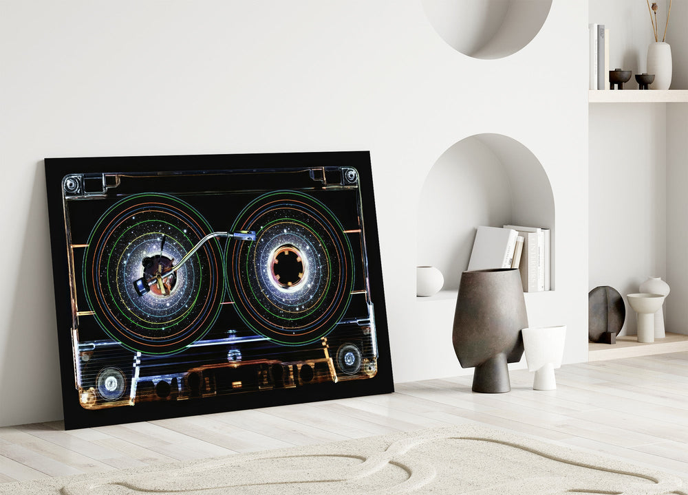 Cosmic Cassette Neon Rings Glass Wall Art