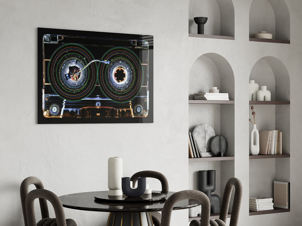 Cosmic Cassette Neon Rings Glass Wall Art