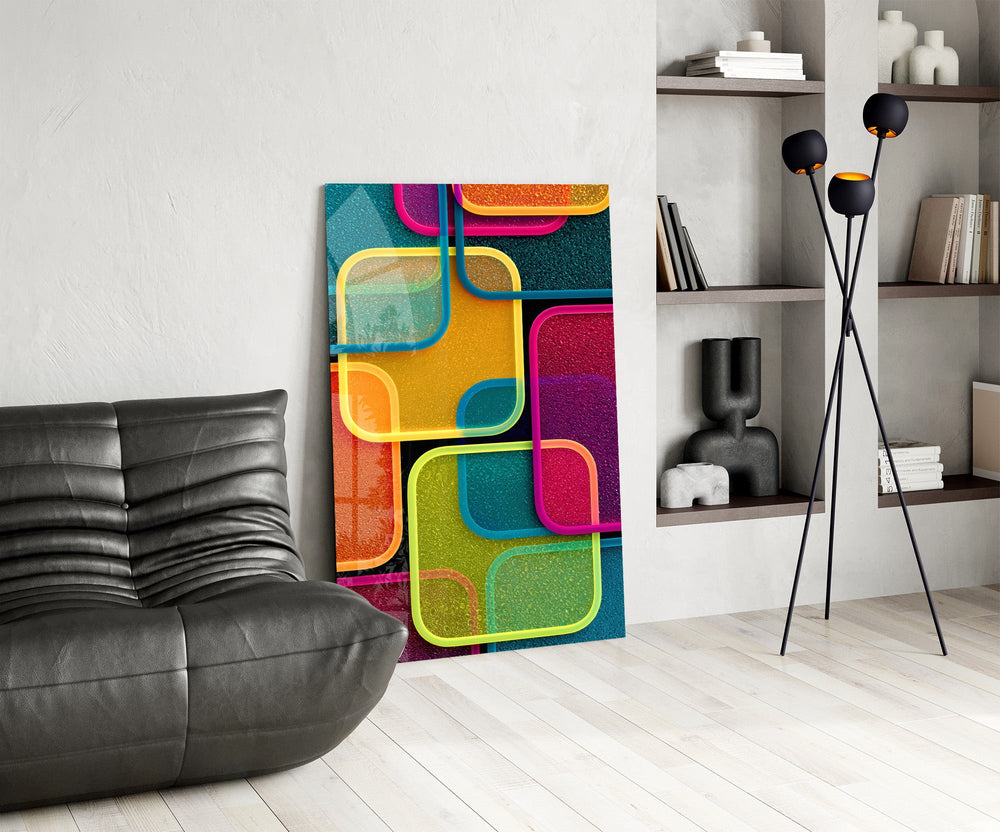 Neon Outlined Squares Abstract Glass Wall Art