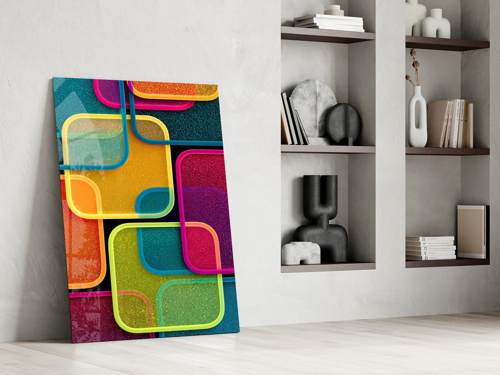Neon Outlined Squares Abstract Glass Wall Art