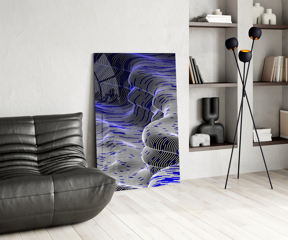 Indigo Line Waves Op Art Glass Wall Art