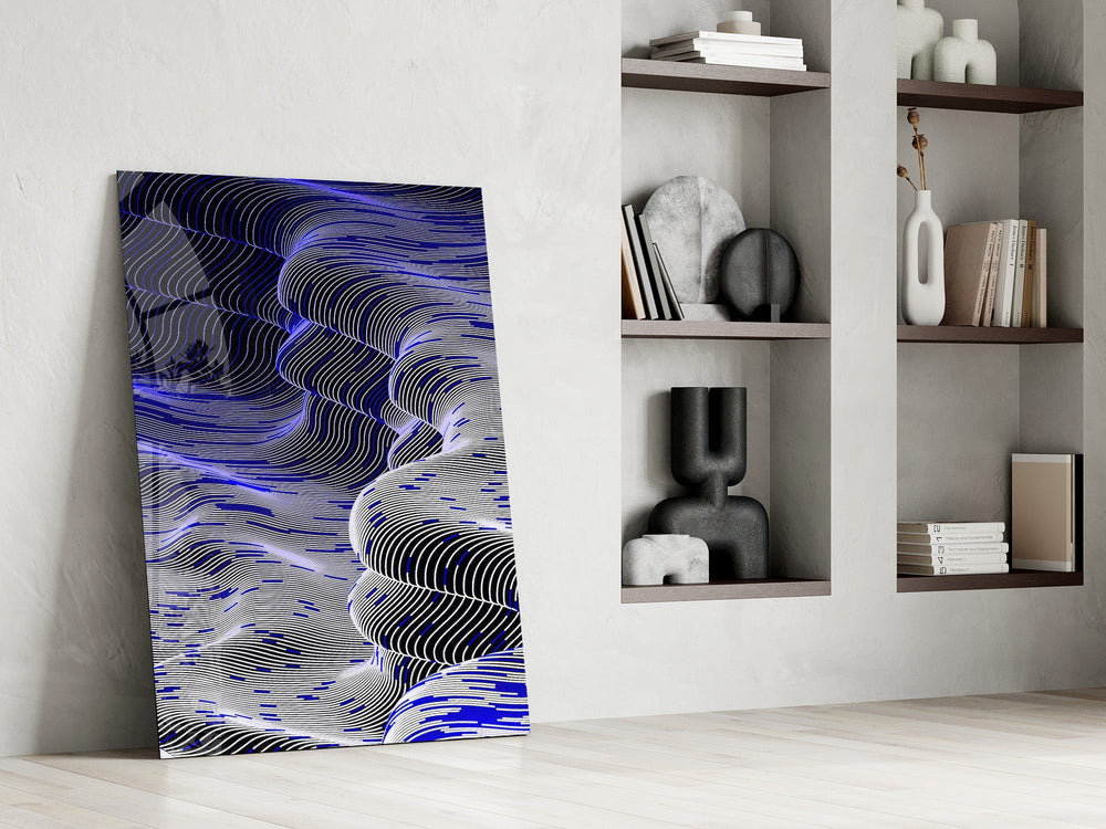 Indigo Line Waves Op Art Glass Wall Art