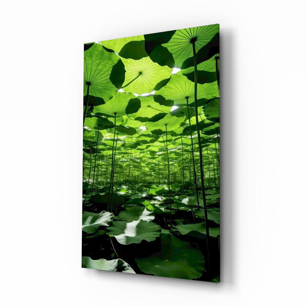 Under the Lotus Leaves Green Glass Wall Art