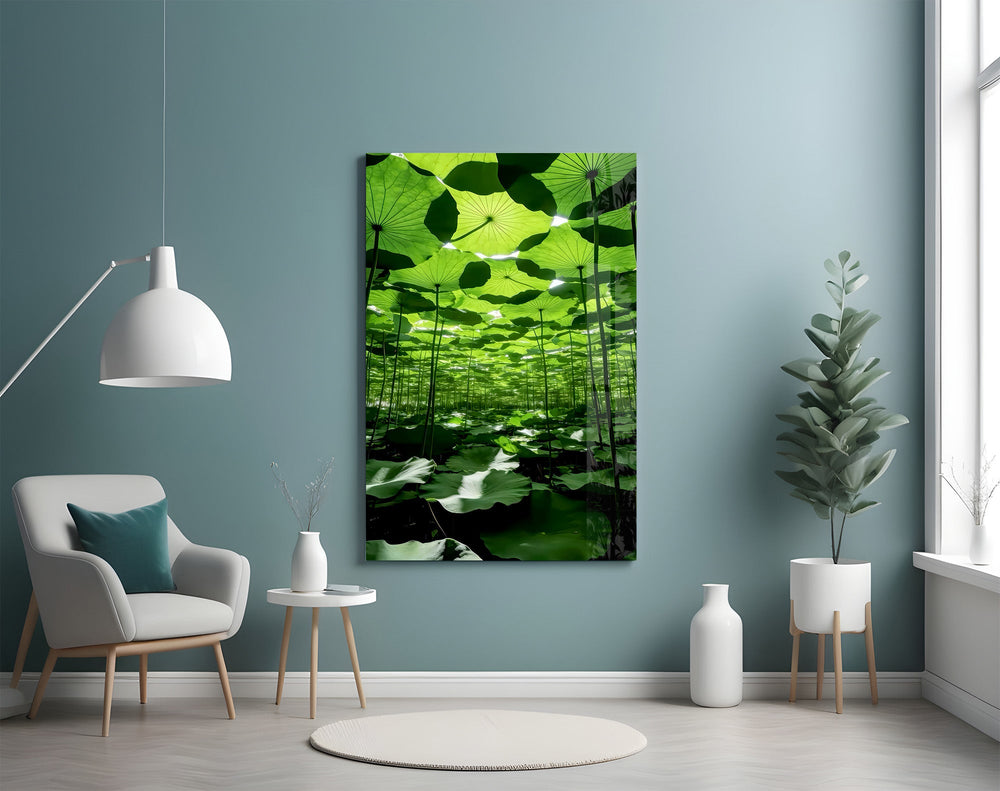 Under the Lotus Leaves Green Glass Wall Art