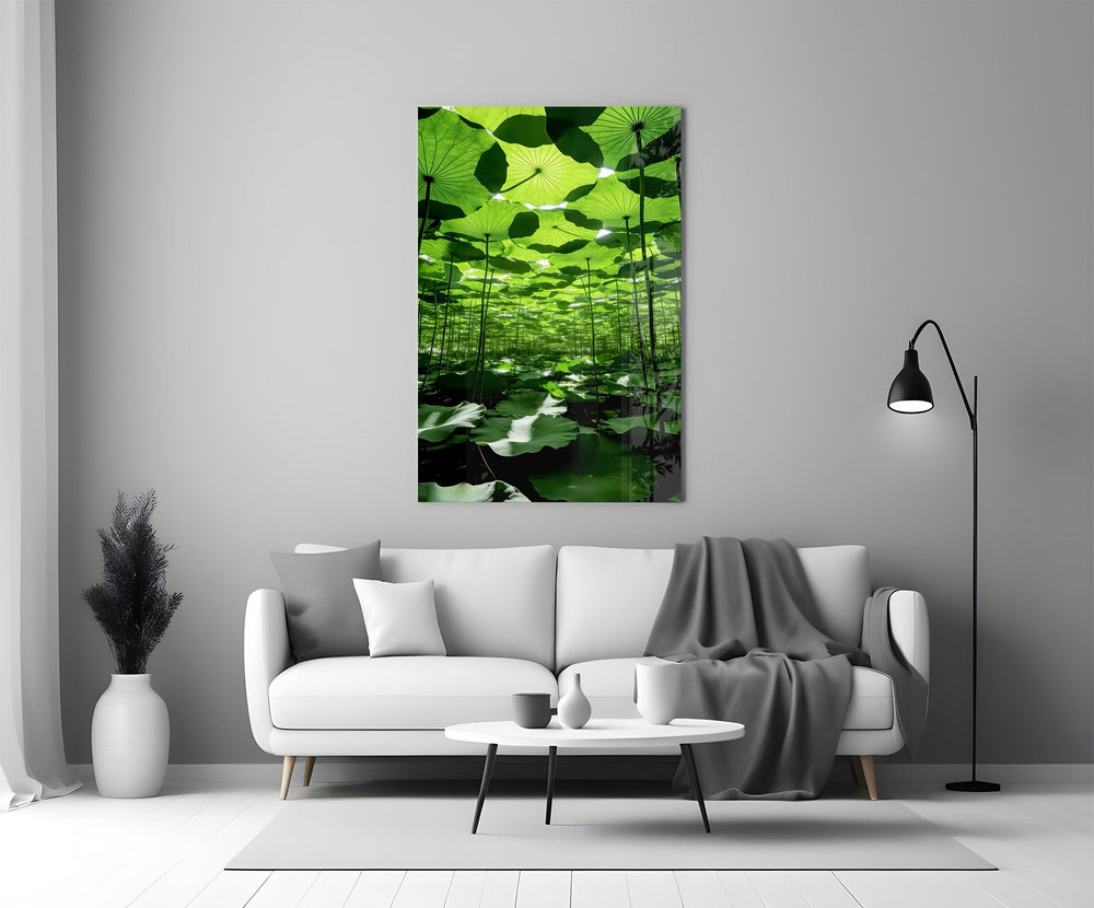 Under the Lotus Leaves Green Glass Wall Art