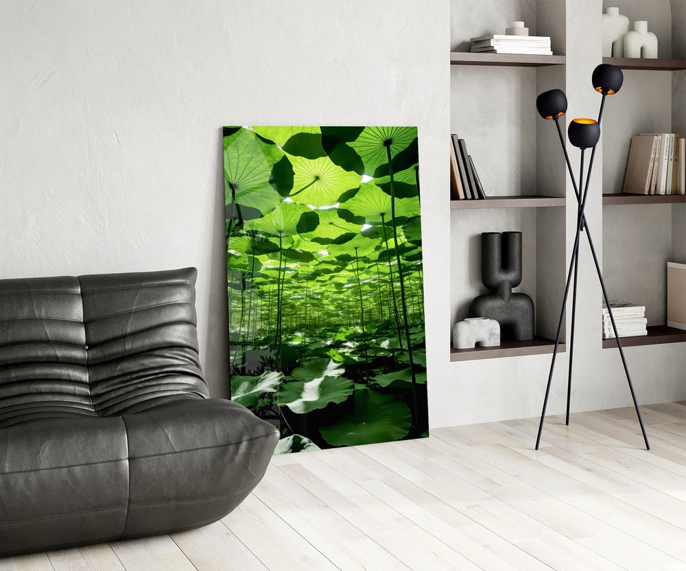 Under the Lotus Leaves Green Glass Wall Art