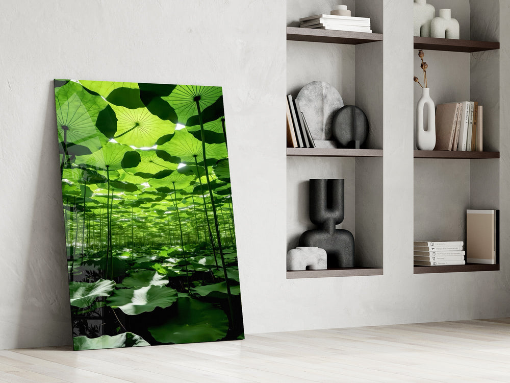 Under the Lotus Leaves Green Glass Wall Art