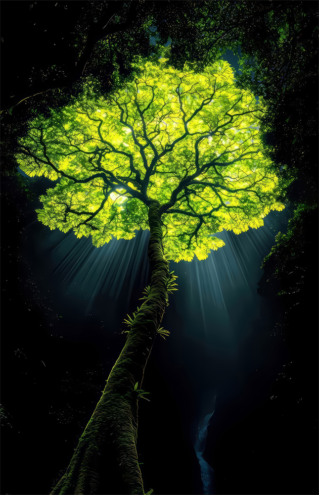 Glowing Golden Tree at Night Glass Wall Art