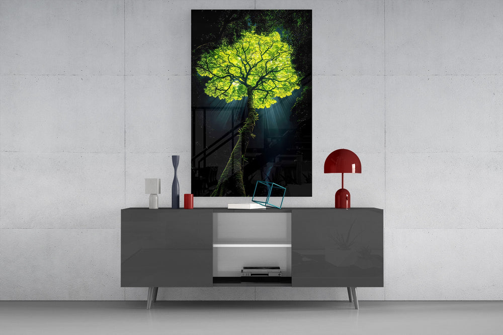 Glowing Golden Tree at Night Glass Wall Art