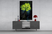 Glowing Golden Tree at Night Glass Wall Art