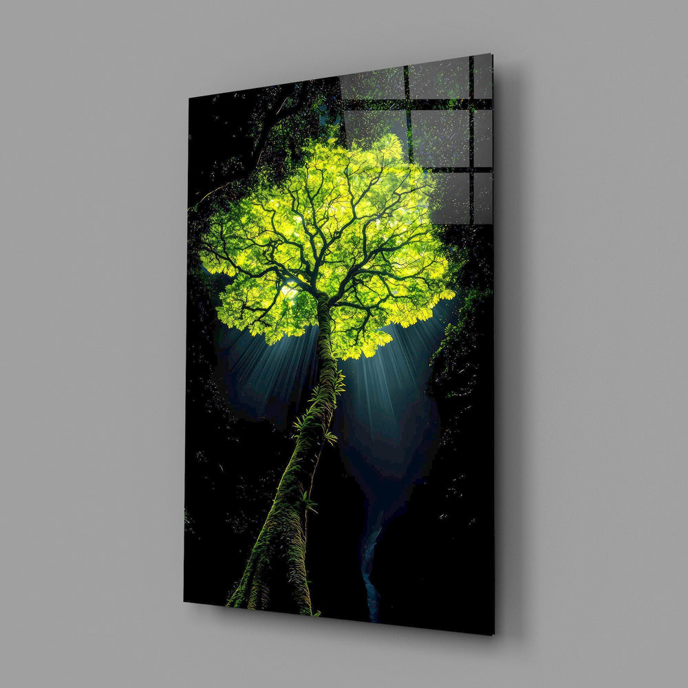 Glowing Golden Tree at Night Glass Wall Art