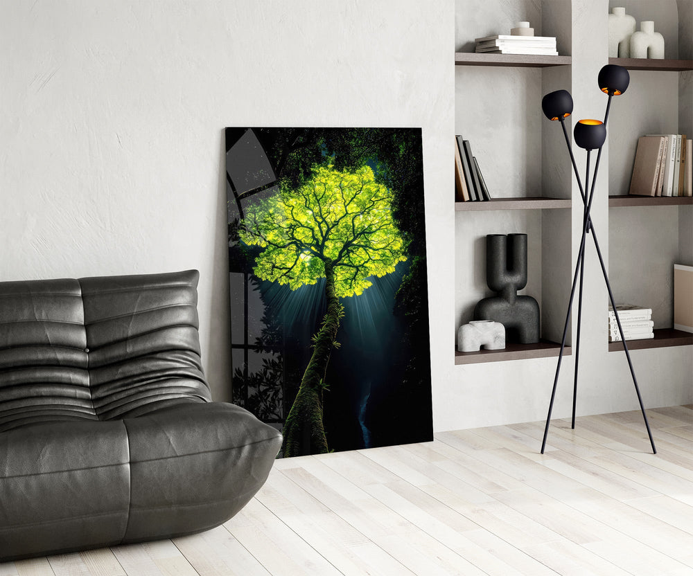 Glowing Golden Tree at Night Glass Wall Art