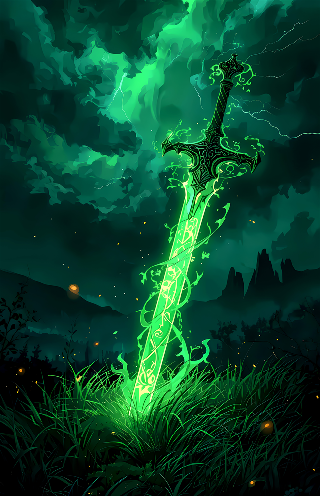 Glowing Emerald Sword Fantasy Glass Wall Art