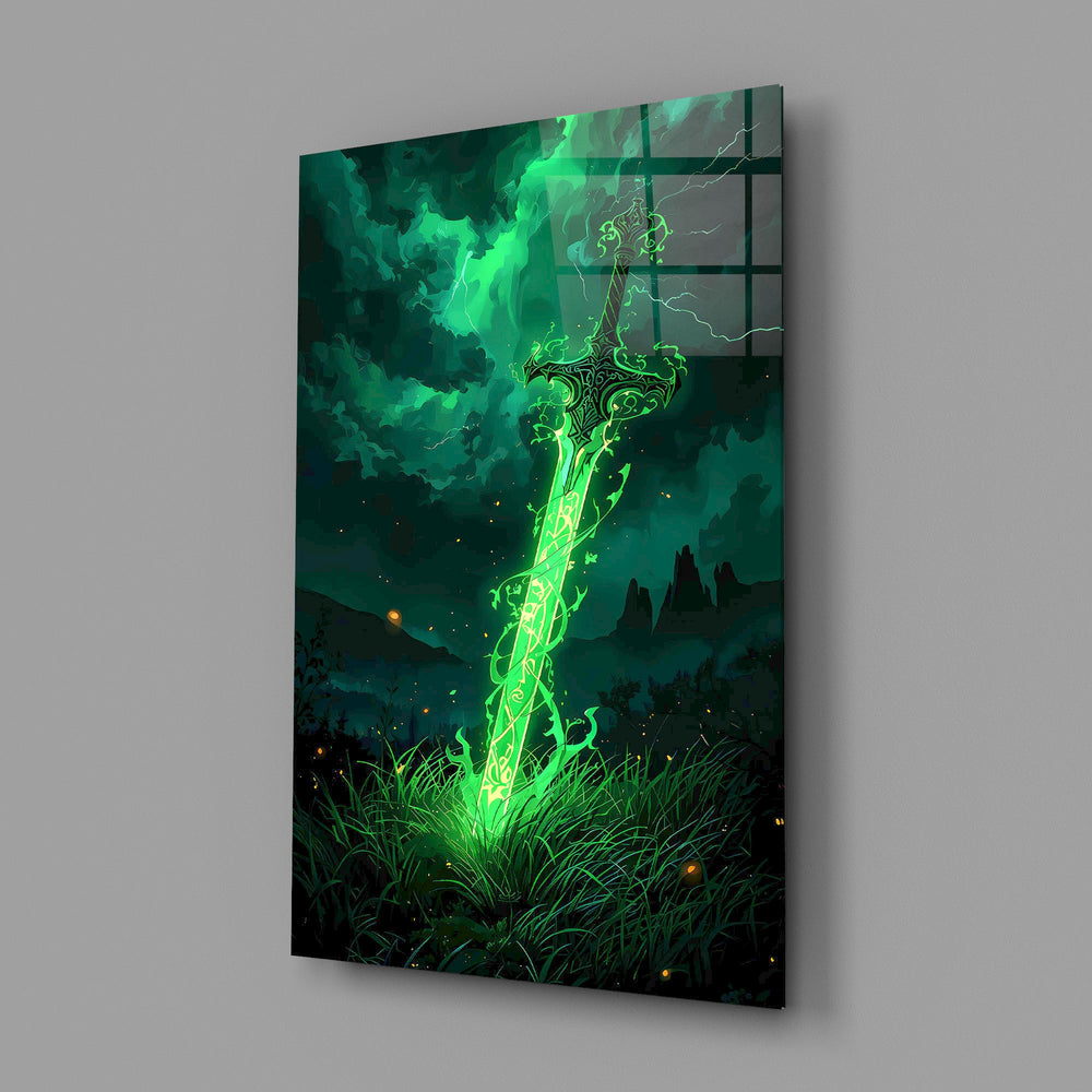 Glowing Emerald Sword Fantasy Glass Wall Art