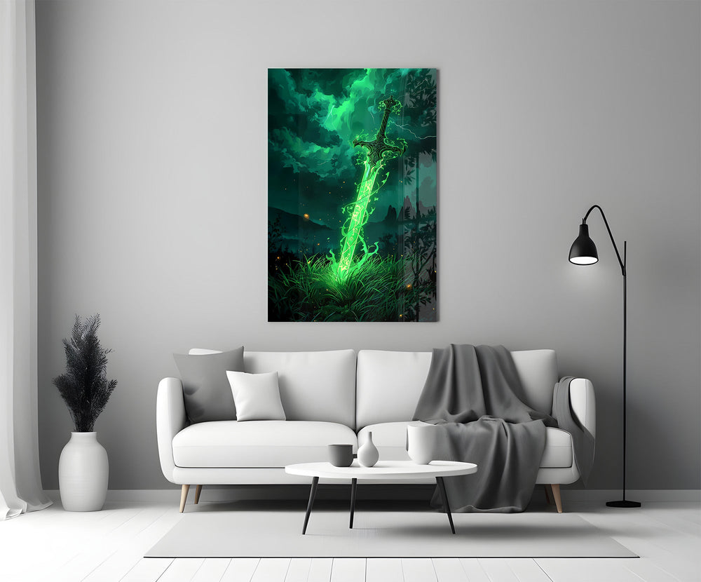 Glowing Emerald Sword Fantasy Glass Wall Art